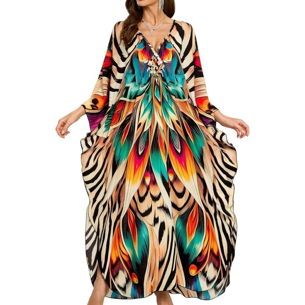 Womens Lotus and Zebra V-Neck Batwing Sleeves Summer Beach Cover Up Kaftan Dress